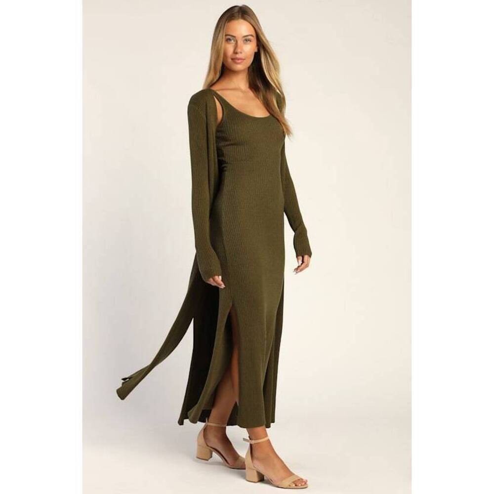 Lulus Layer Lover Olive Ribbed Knit Two-piece Dress & Cardigan Set Green